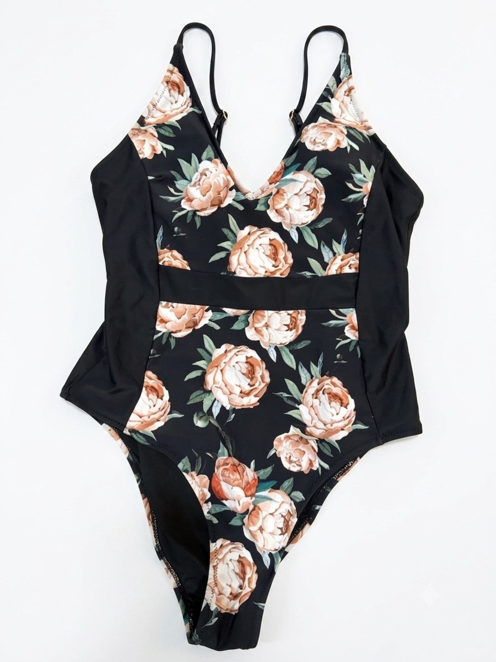 Cupshe Black Floral & Solid Black Panel One-Piece Swimsuit Size Medium